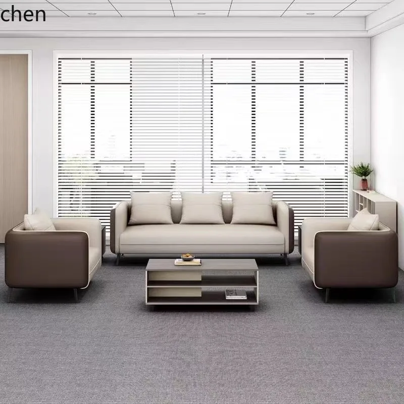 HT Simple Modern Business Reception Meeting Area Office Genuine Leather Sofa and Coffee Table Set