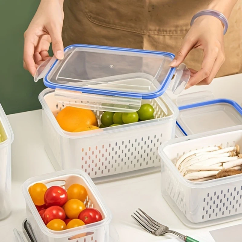 

Refrigerator Organizer Fridge Storage Box Fresh Vegetable Fruit Boxes Drain Basket Storage Containers Pantry Kitchen Organizer