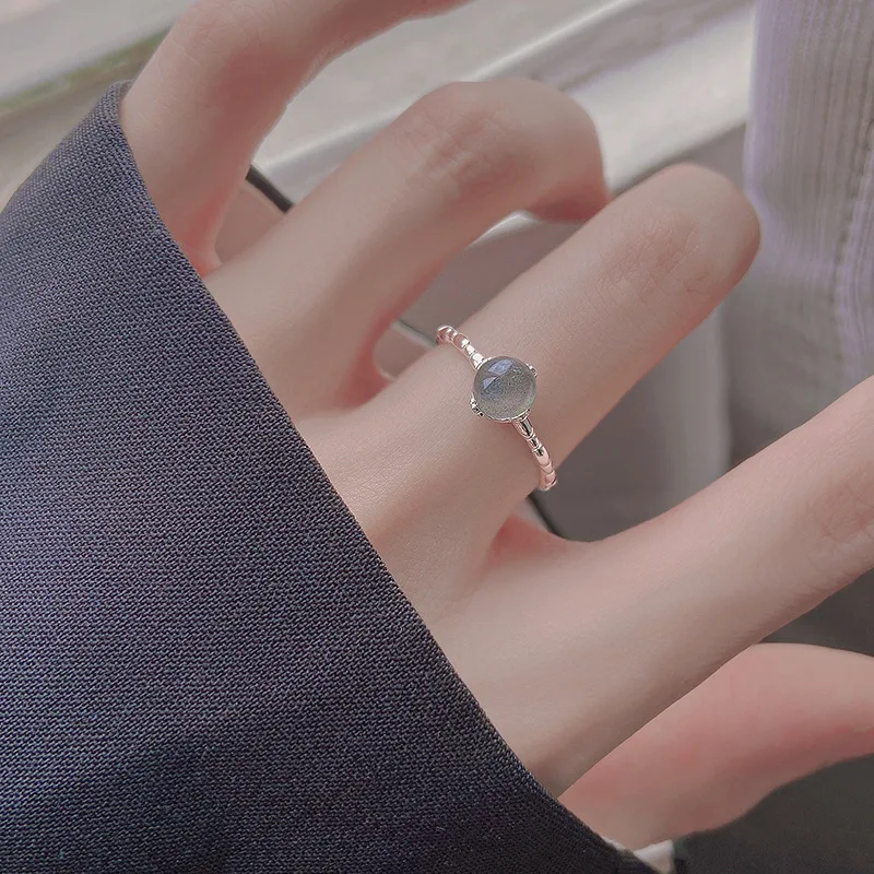 S925 Sterling Silver Moonstone Rings For Women Korean Simple Design Light Luxury Cute Ring Jewelry Dropshipping