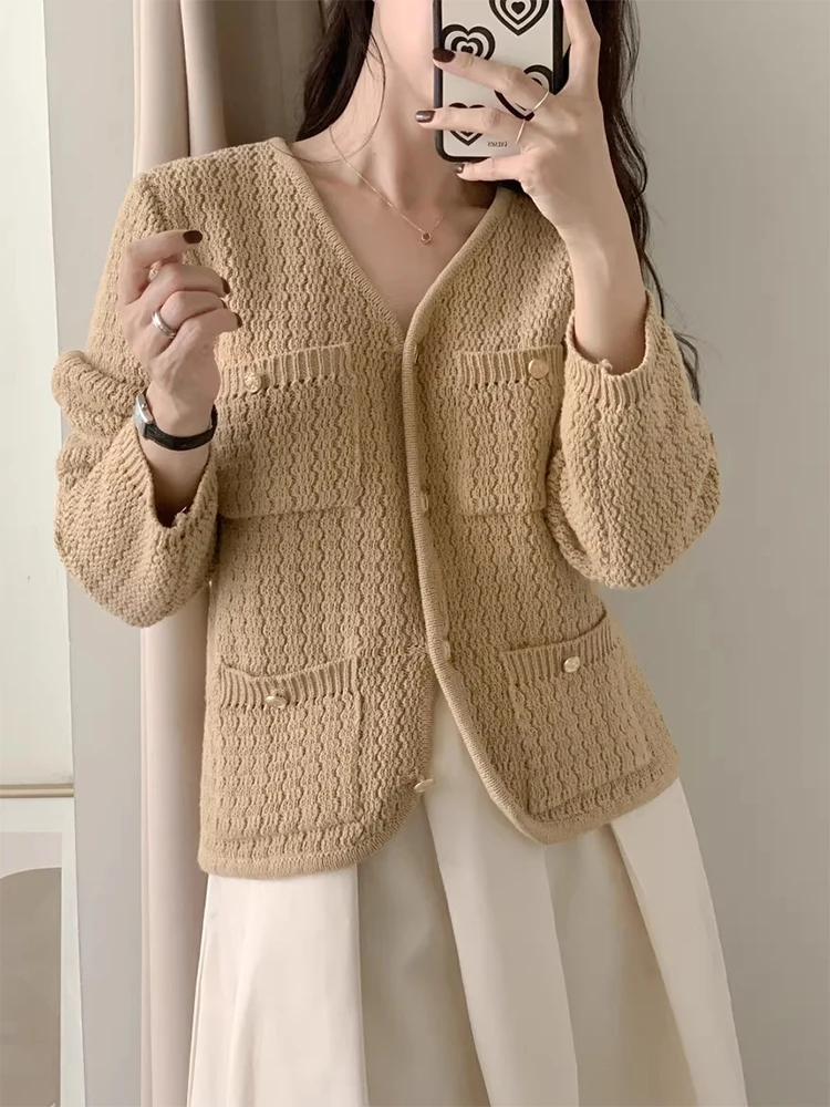 Шикарный осенний винтажный многоэтажный свободный волнистый длинный вязаный свитер V-Ne, женская верхняя одежда, корейский Sle Commute Faion