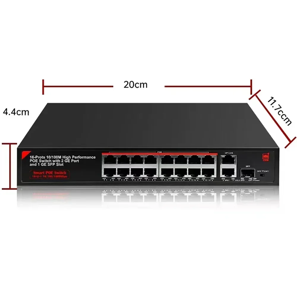 18CH Poort switch 16 poort POE 320 W Ethernet Switch IEEE802.3 at/af 10 Poort 16 + 2 POE Injector Power Over Ethernet Switch