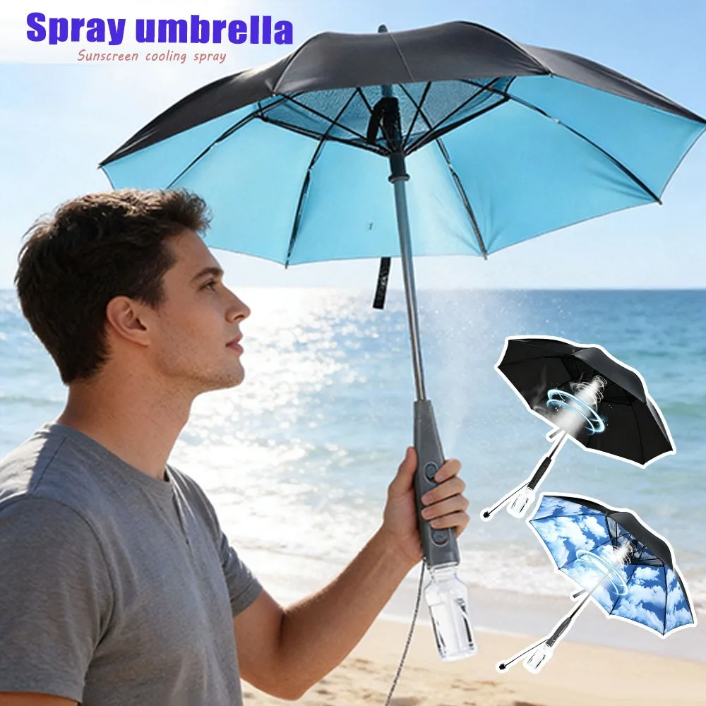 Misting Fan Umbrella USB Rechargeable Long Handle Large Sunshade Umbrella UV Block Heat Cooling Spray Fan for Outdoor Hiking