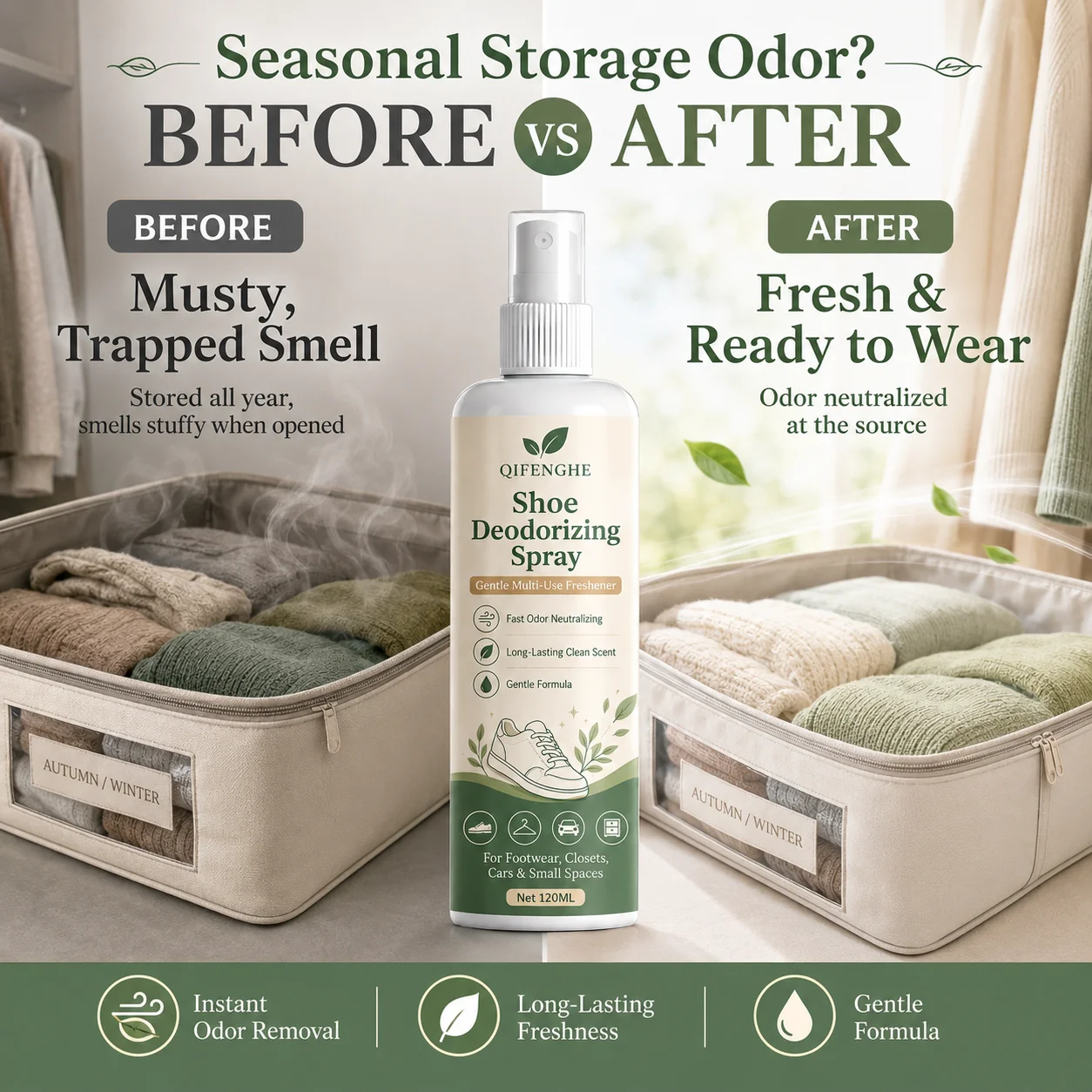 Gentle Shoe Deodorizing Spray 120ml - Multi-Use Odor Eliminator for Storage Bags, Closets, Cars & Footwear