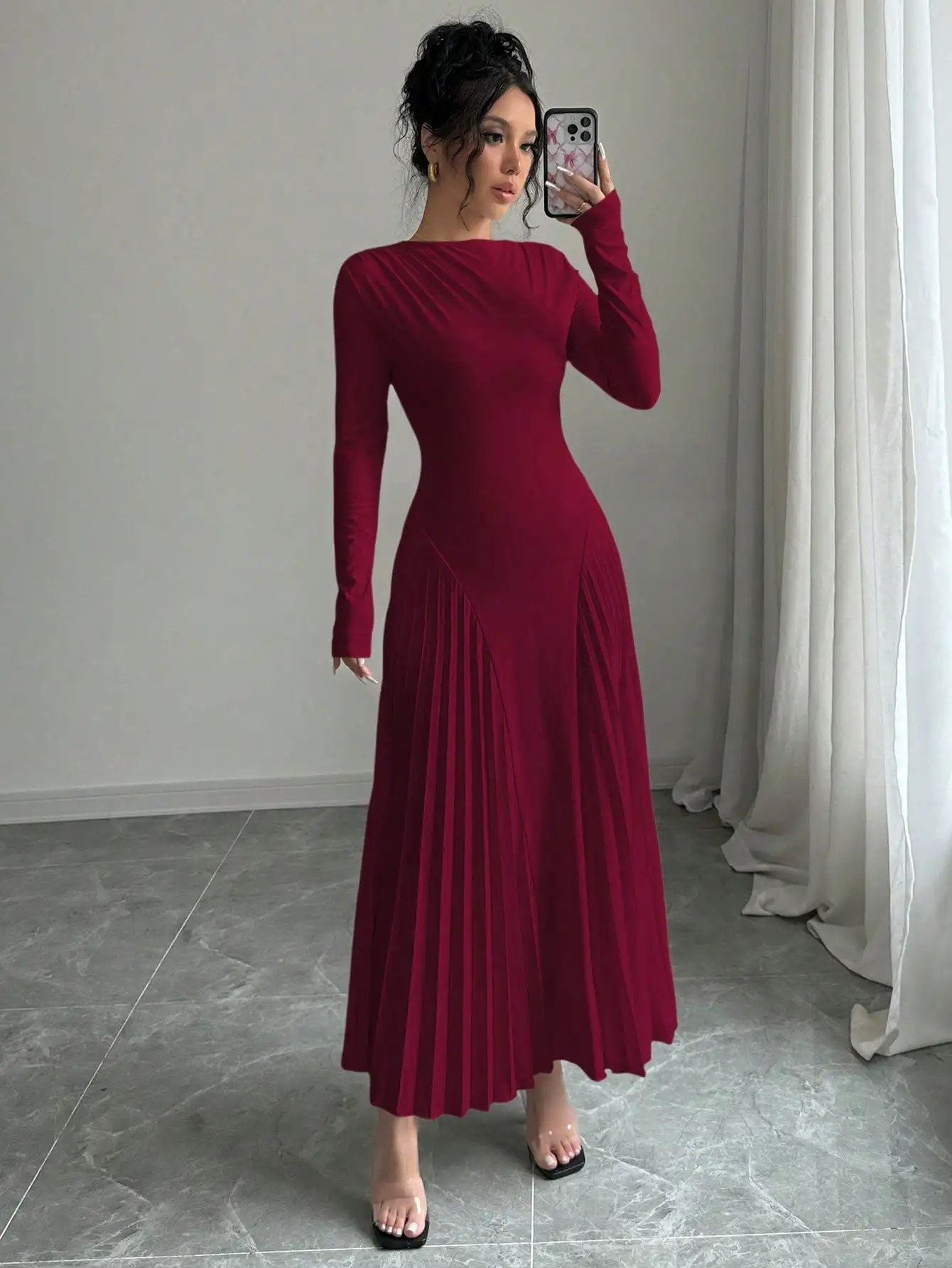 

Silent luxury style khaki color high-end sense draping slim fit pleated design long sleeve dress