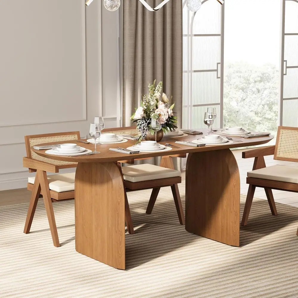 

Mid-Century Modern Walnut Oval Dining Table, 70.9 Solid Pine Wood, Double Pedestal Base