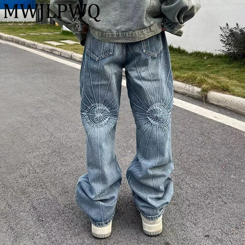 

MWJLPWQ Street Style Mid-Waist Loose Jeans Men's Embroidery Design Niched Hiphop Y2K Washed Draped Casual Wide-Leg Pants 12522
