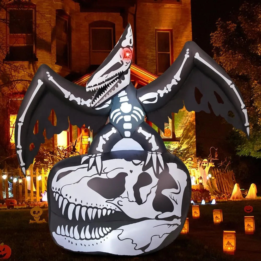 

Halloween Inflatables Skeleton Pterosaur Stand on Dinosaur Head Blow Up Outdoor Yard Decorations with Built-in LED for Garden