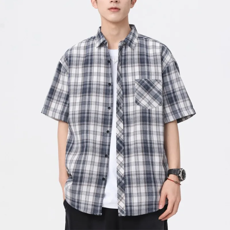 

Men's Blue White Plaid Short Sleeve Shirt Turn Down Collar Loose Casual Button Down Top With Chest Pocket
