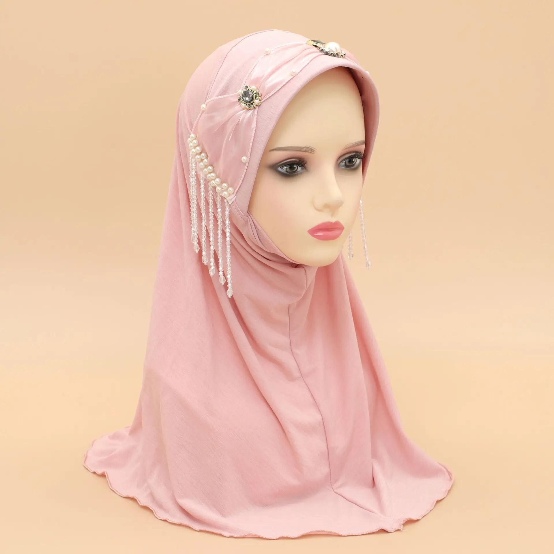 Foulard Instantané de Haute Qualité pour Femme Musulmane, Hijab Amira, Perles de Diamants, Pompon, Châle Rond, Prière de Mariage, Écharpe de Sauna