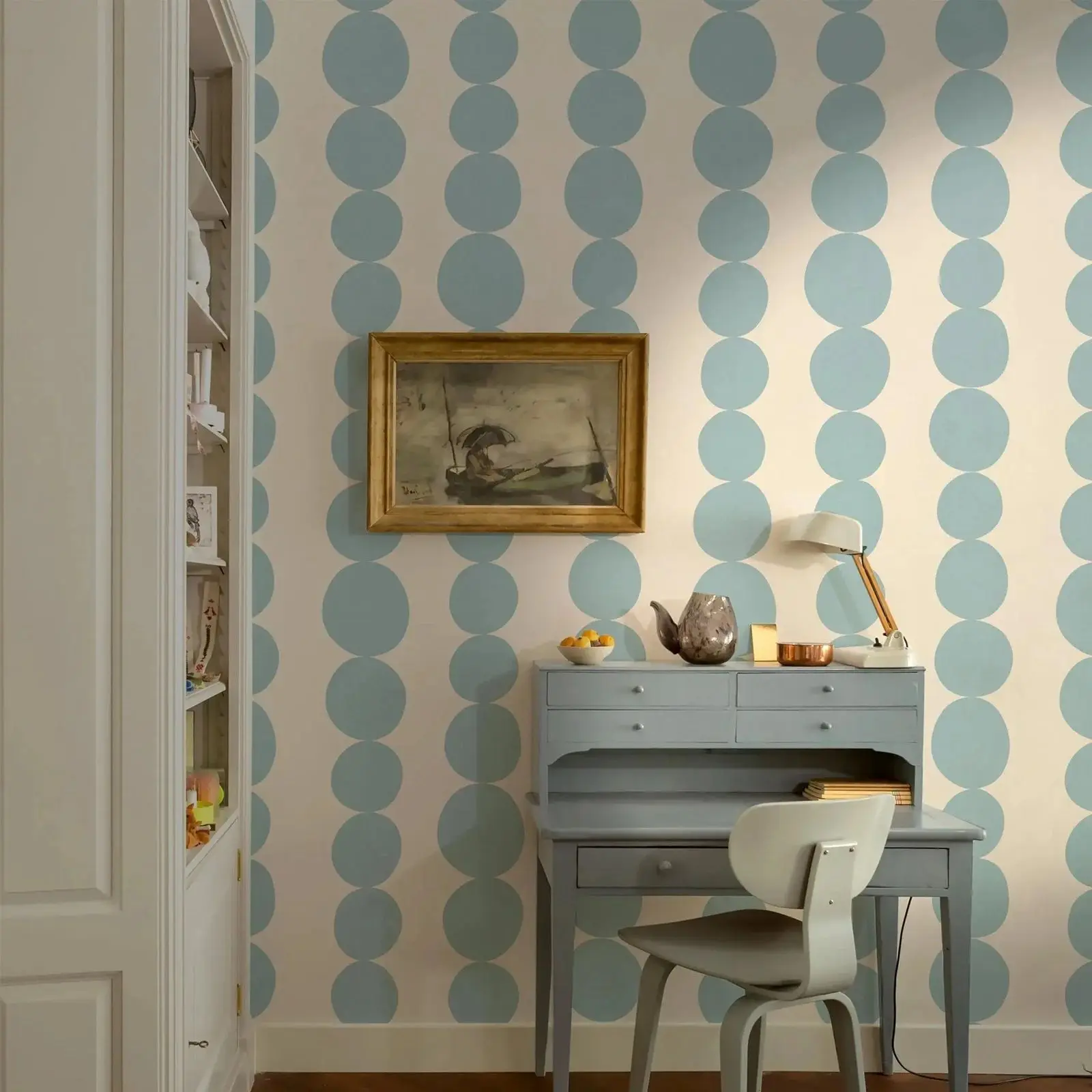 

Blue Retro Pebble Stripe Wallpaper,Cute Shapes For Fun Mid Century Walls Decor,Peel & Stick or Traditional Non Woven Wall Paper