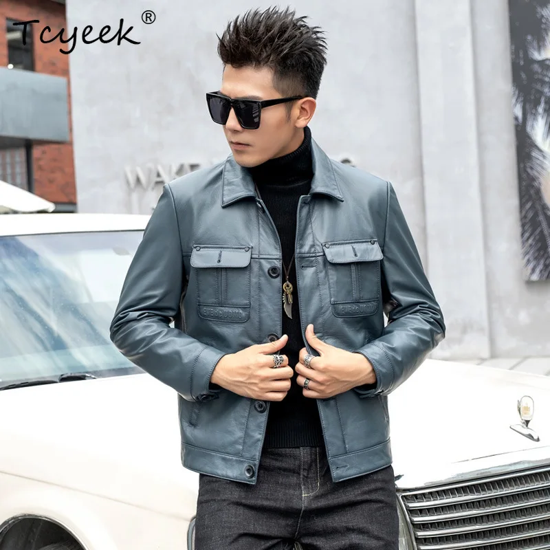 Tcyeek Top Layer Cowhide Real Leather Jacket Men Clothing Autumn Coat Men's Motocycle Jackets Trendy Short Casaco Masculino