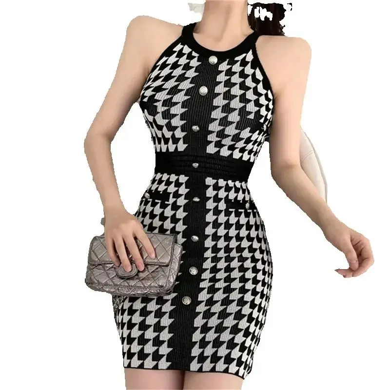 

2025 Summer Hot Girl Wind Hanging Neck Dress Women New Fashion Loose Casual Knitted dress Sleeveless Dress Female Pink
