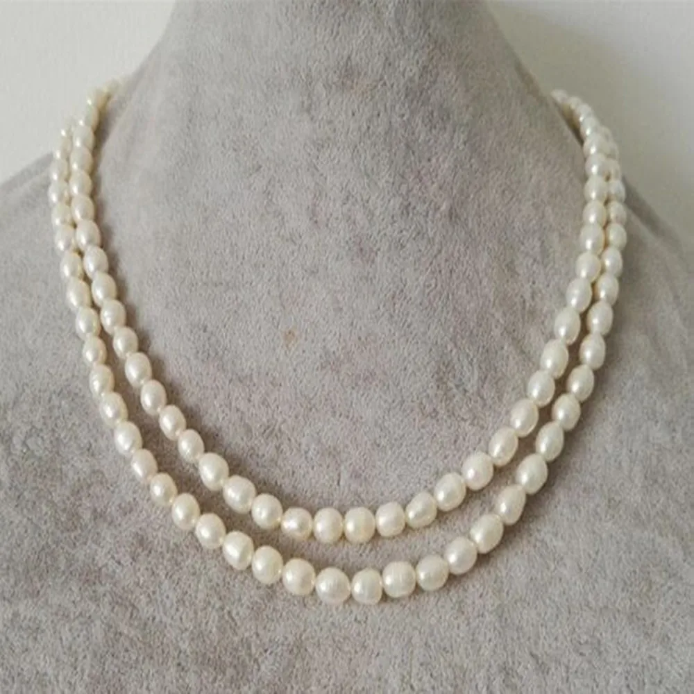 

Hand knotted necklace natural 5-6mm double layer white freshwater rice pearl necklace 2 rows choker 17-18inch