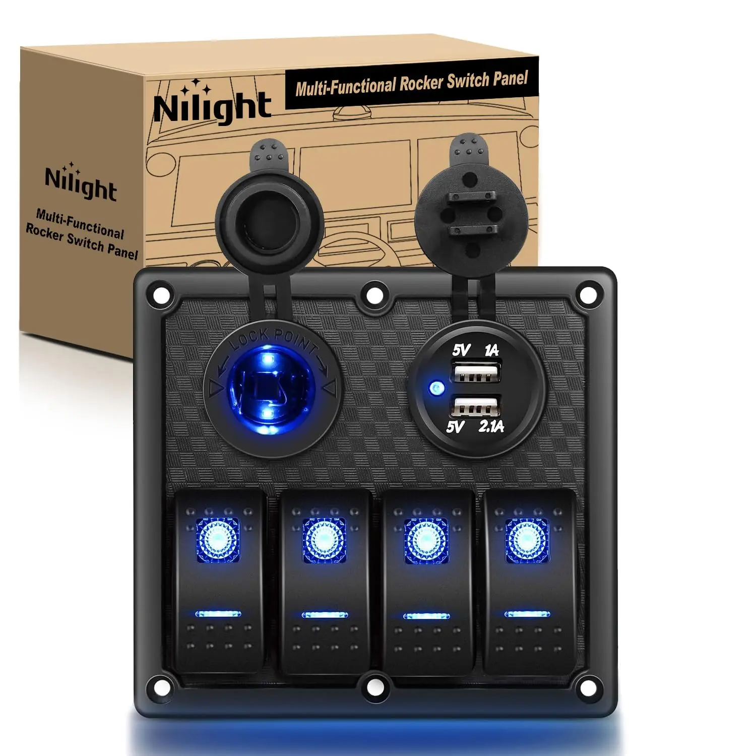 Nilight 4 Gang Waterproof Rocker Switch Panel, Pre-Wired Toggle Switch Box with Dual USB Charger, 12V Power Socket & Fuse for Car, Truck, RV, Marine