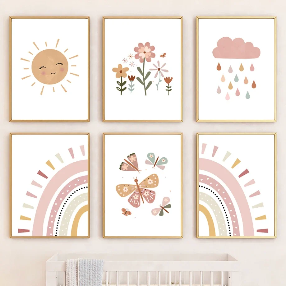 

Pink Sun Cloud Rainbow Flower Butterfly Nursery Nordic Posters And Prints Wall Art Canvas Painting Pictures Baby Kids Room Decor