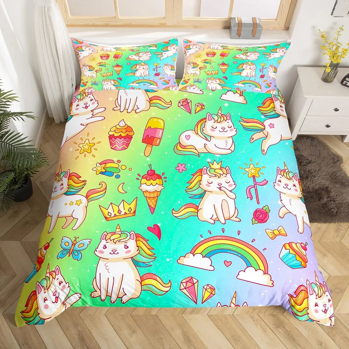 Cartoon Cat Unicorn Duvet Cover Sweet Strawberry Milk Bedding Set Pet Animals Comforter Cover Desserts Cakes Food Quilt Cover