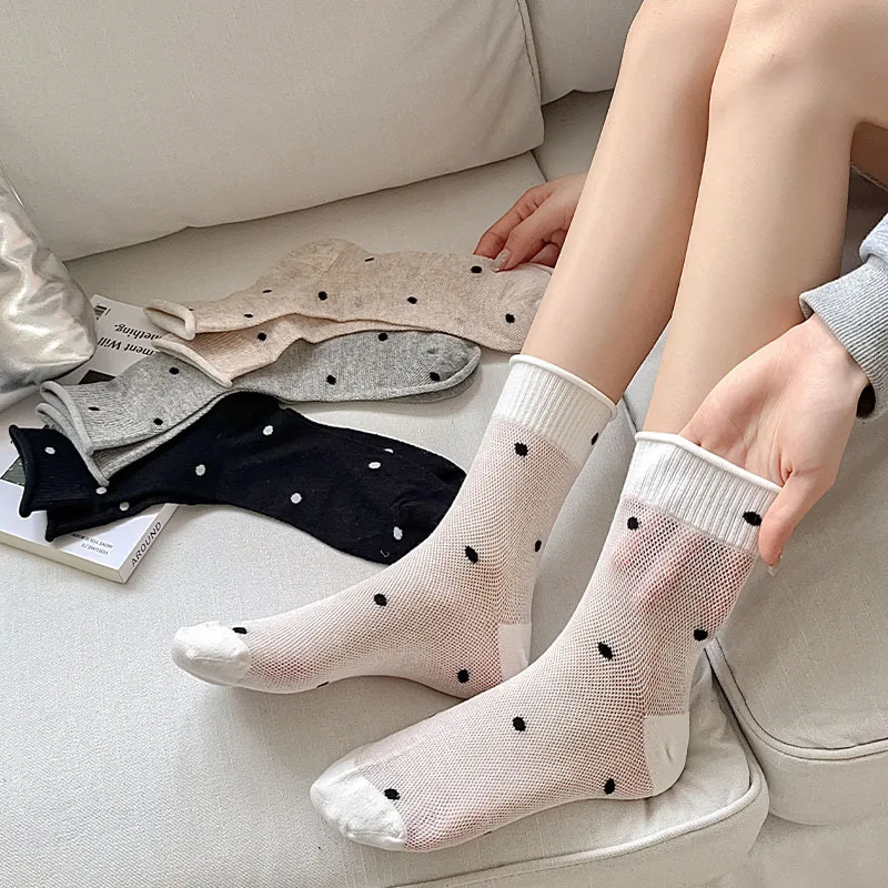 Pure Cotton Mid Length Women's Summer Socks Polka Dot Socks Black White Spotted Sock Spring Summer Trend Retro Girl Sock Hosiery