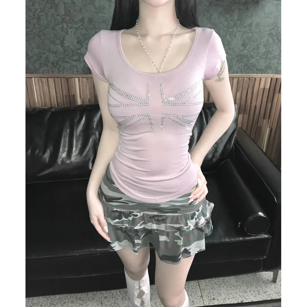Y2K Vintage Tee for Women British Union Jack Flag Hot‑fix Rhinestone Print Scoop Neck Short Sleeve Slim Fitted Casual  T‑Shirt