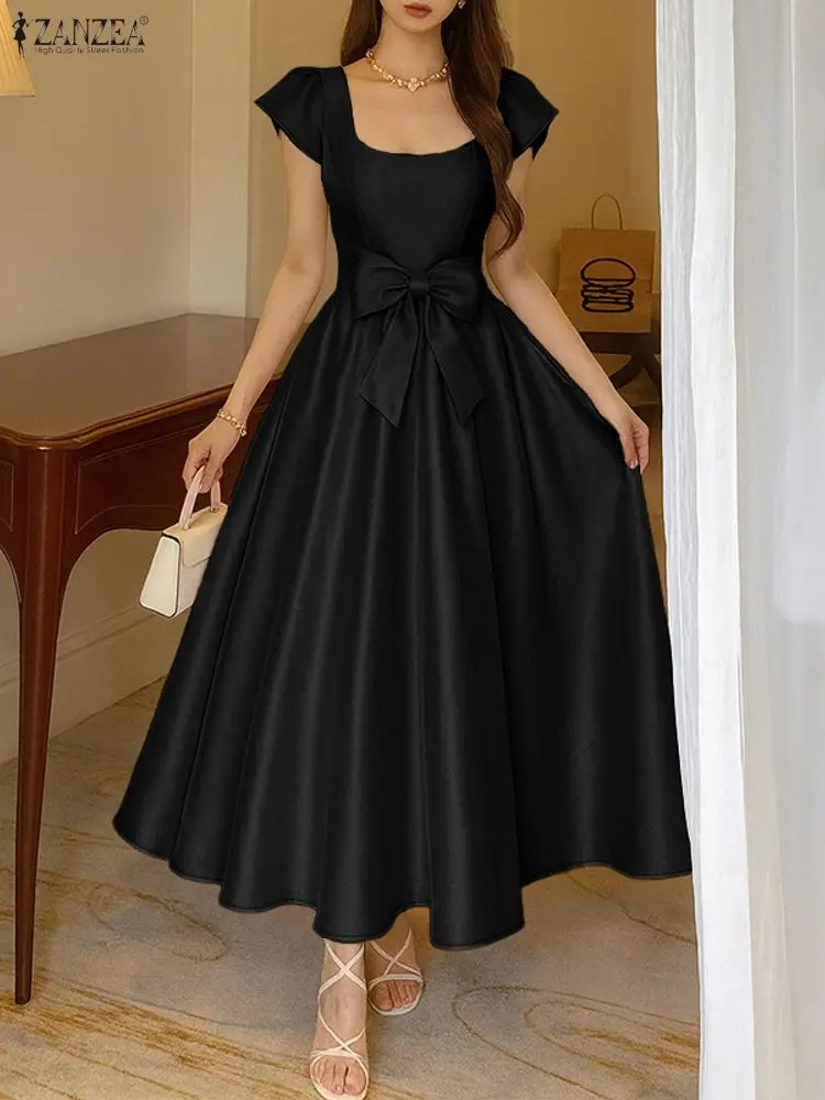 2025 ZANZEA Square Neck Waisted Maxi Dress Women Robe Stylish Party Dress Summer Solid Satin A Line Sundress Clubbing Vestidos