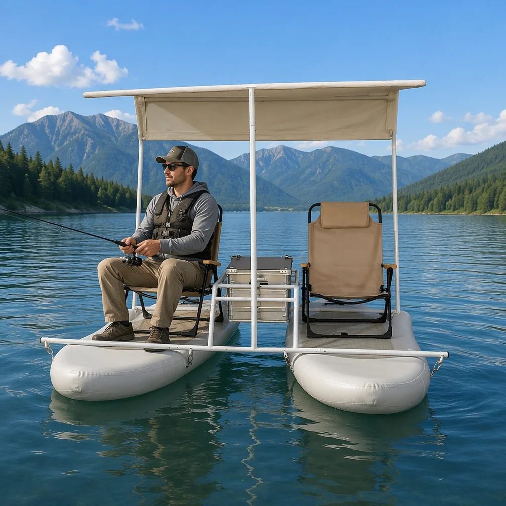 2026 New 2 Person Inflatable Catamaran Paddle Board Boat with Bimini Top Sun Shade for Lake Leisure Cruising Resort Rental