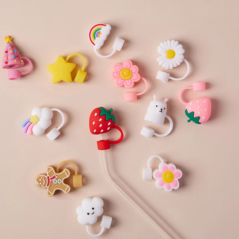 Cute Strawberry Straw Covers For Stanley Tumbler Cups Accessories Kawaii Silicone Straw Toppers Protector Cap For 10mm Straws