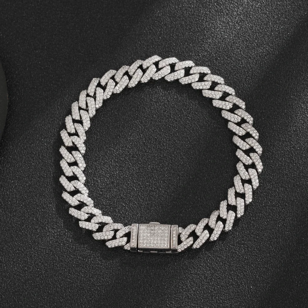 Mossanite Style Pure S925 Silver Miami Cuban Chain Men's Bracelet 18K Gold Diamond Zircon Iced Out Stone Bangles Hip Hop