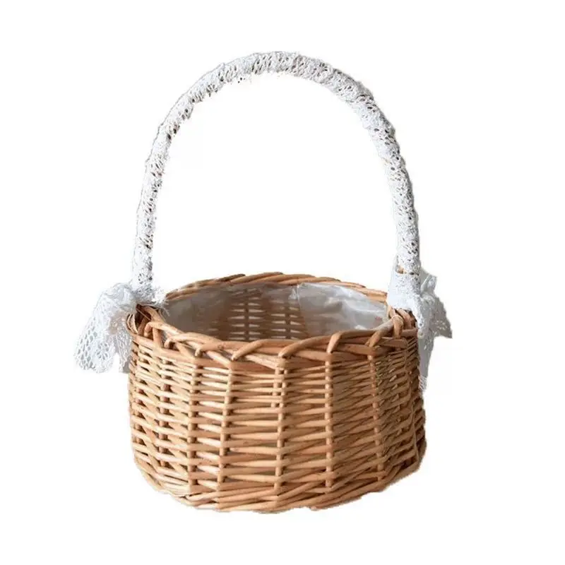 2 Piece Woven Storage Basket With Handle Wedding Flower Girl Baskets Wicker Rattan Flower Baskets For Home Garden Decor