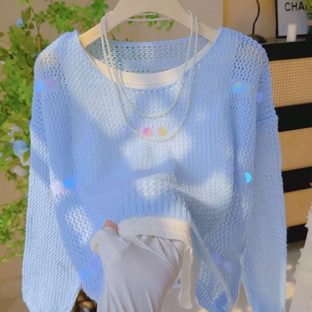 Casual Loose Hollow Out Knit Pullover for Women Spring Summer Round Neck Long Sleeve Sparkle Sequin Short Tops Thin Knitwear