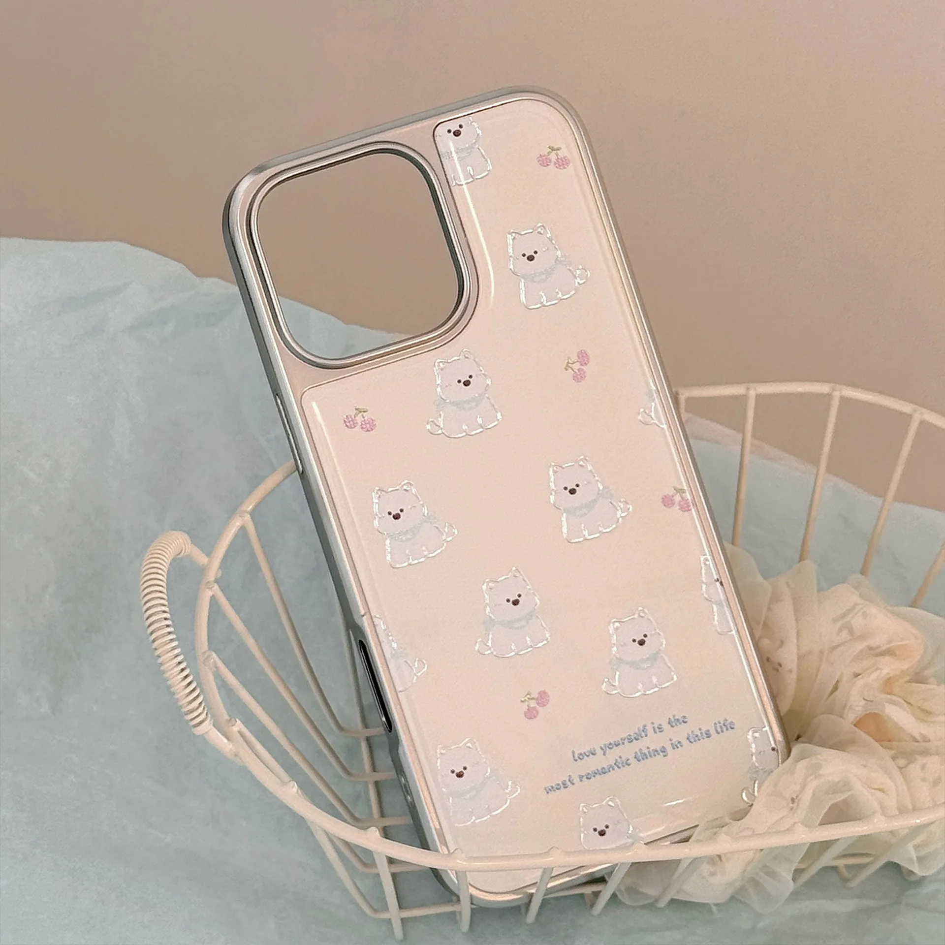 Koreanische Cartoon-Welpen-Tropfenkleber-Silberrand-Beschichtung Handyhülle für iPhone 17, 16, 15, 14, 13, 12, Pro Max Plus, stoßfeste Hartschale