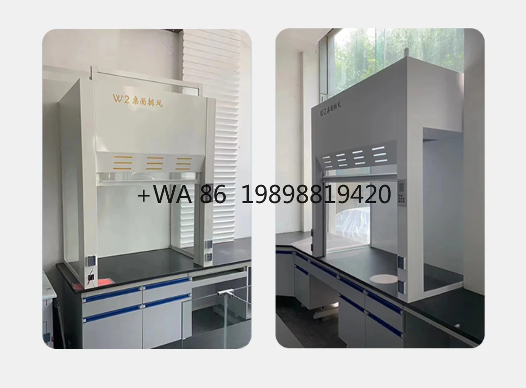 Conducto de gabinete de ventilación de escape de laboratorio con bordes de vidrio de acero con componente de motor central Campana de humo de mesa comercial con