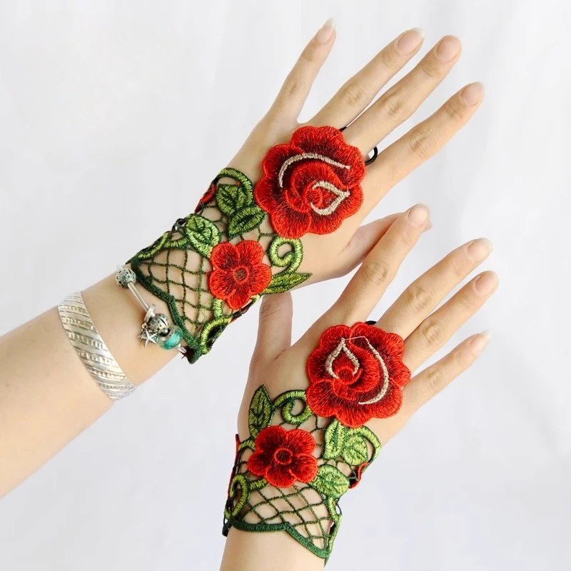 Guante étnico chino bordado con flores para mujer, ropa de mano Vintage para baile folclórico de encaje
