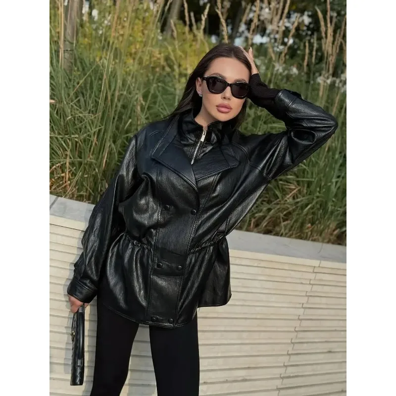 แจ็คเก็ตหนังสีดำทรงมิดิ  สำหรับผู้หญิง  แฟชั่นคอตั้ง  กระดุมสองแถว  ซิป  ทรงหลวม  เสื้อคลุมสำหรับใส่ในชีวิตประจำวัน
