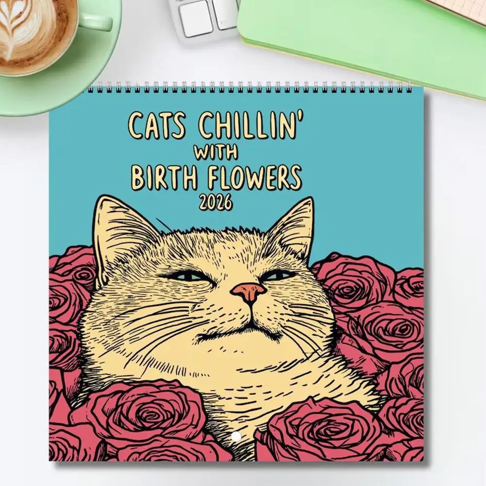

1pcs Cat Flower 2026 Wall Calendar Vintage Funny Cat Lovers Planner Home Office Funny Decor Art New Year Gift For Friends Family