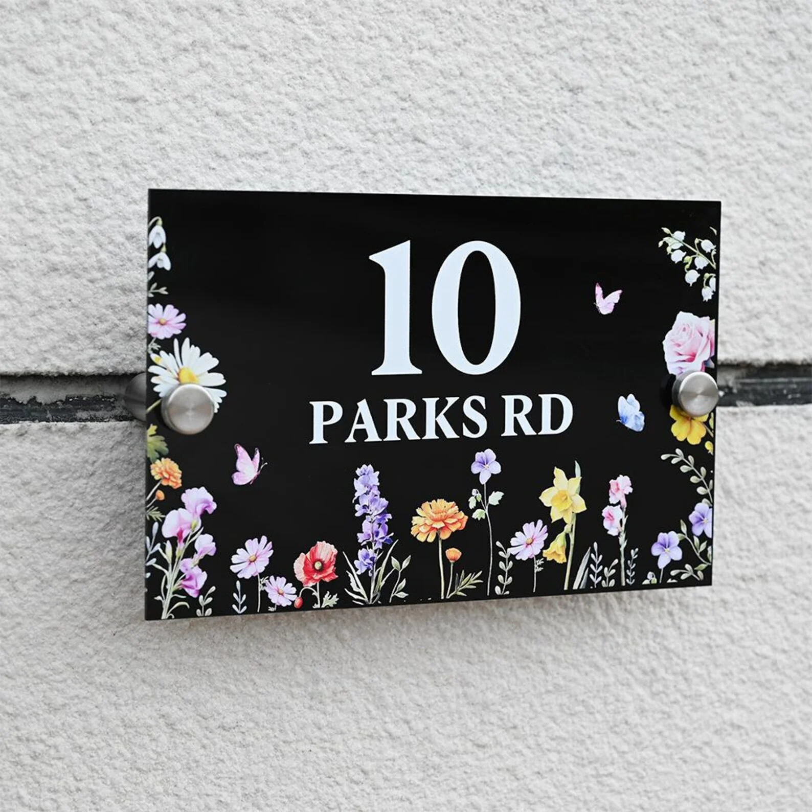 Placa de dirección de flores silvestres personalizada, gris carbón, letrero de jardín acrílico, número de casa moderno, nuevo regalo de decoración del hogar