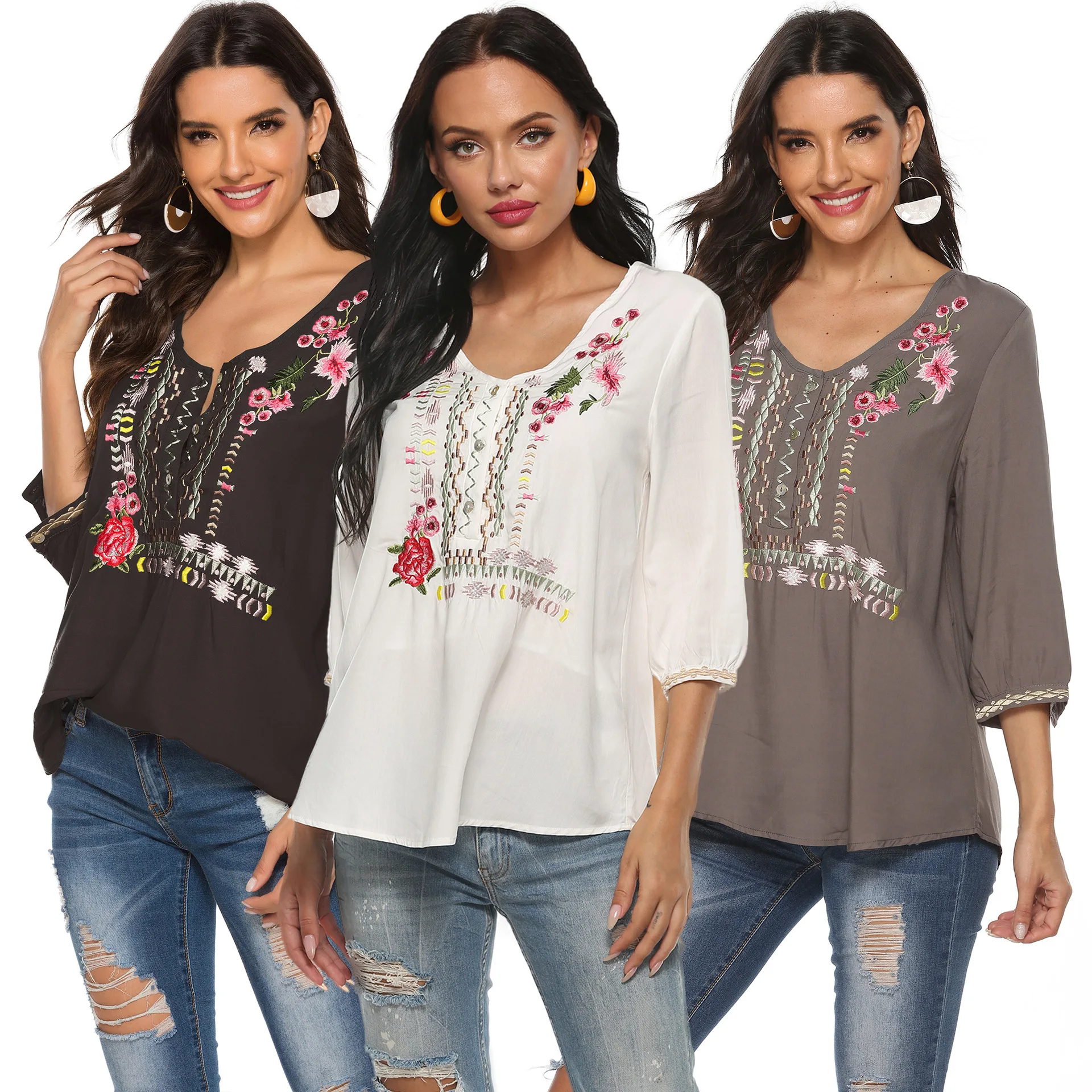 

Boho Floral Embroidery Blouses Shirt Women Spring Summer Mexican Casual Long Sleeve Button Front 3xl Ethnic Ladies Tops New