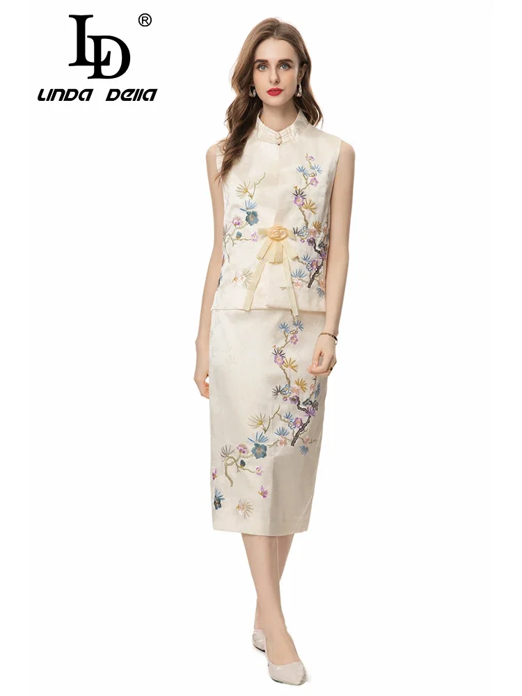 

LD LINDA DELLA 2024 Summer Elegant Temperament Skirt Sets Women's Embroidery Floral Appliques Sleeveless Top+Skirt 2 Pieces Set