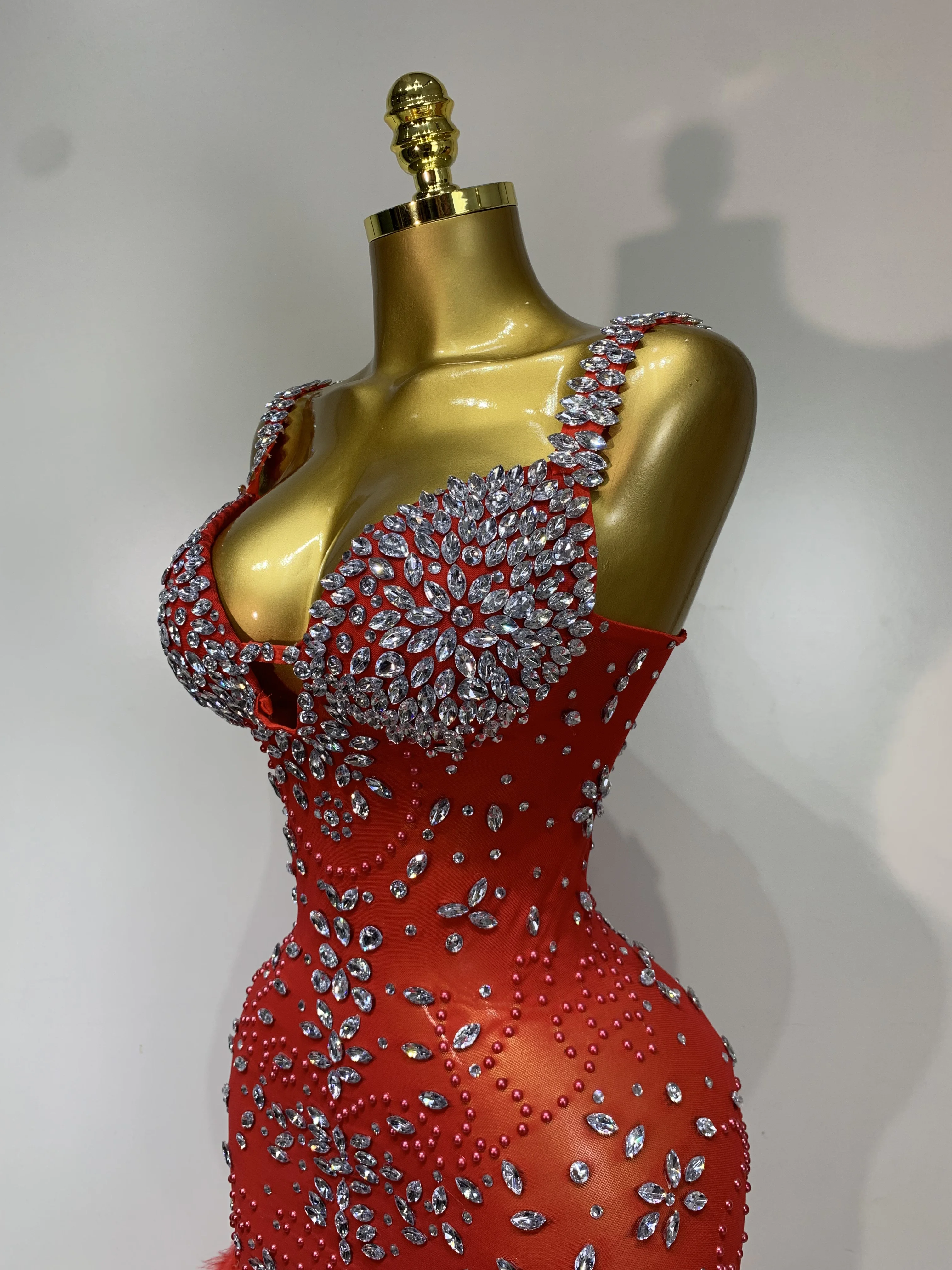 Women Sparkly Rhinestone Feather Mesh Transparent Maxi Long Dress Sexy Backless Birthday Evening Party Singer Stage Costume