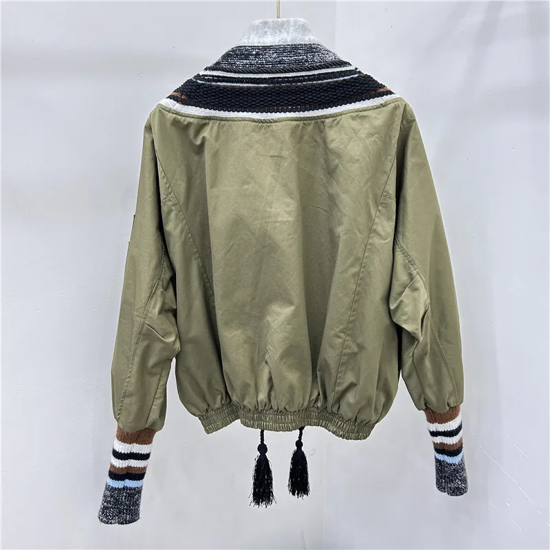 Spring Women Korean Fashion Rivet Stripe Knitting Splicing Fringe Short Baseball Jacket Casual V-neck Long Sleeve Female Coat