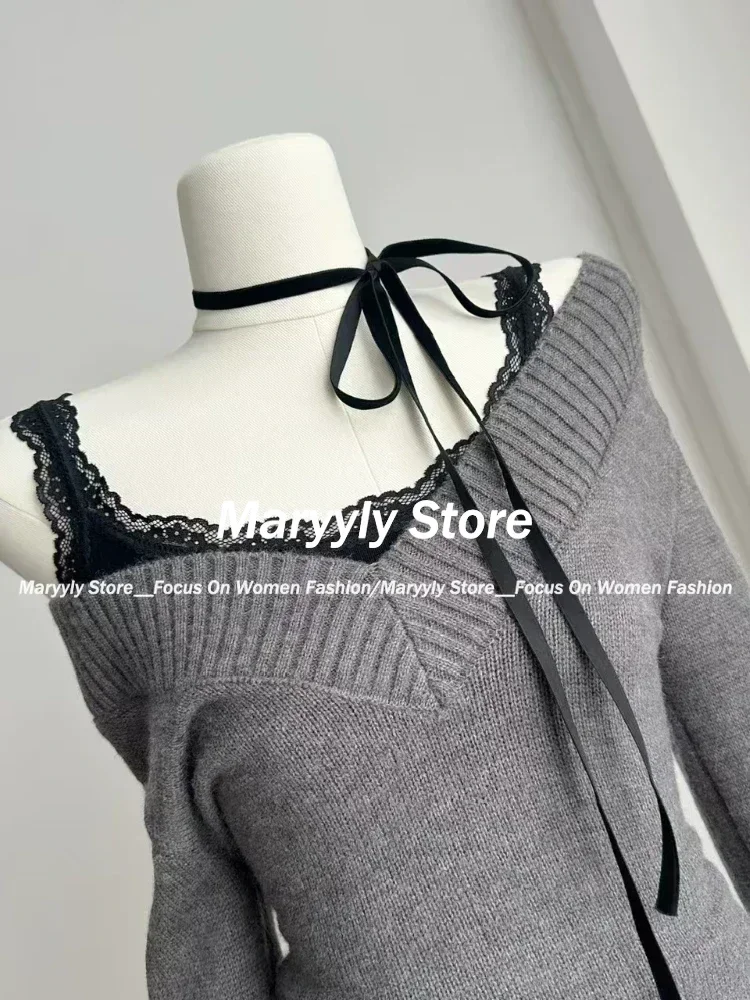 Autumn Vintage Knitted 3 Piece Skirt Set Women Casual Grey Sweater Tops + Hot Girl Lace Vest + Plaid Mini Skirt Winter Clothing