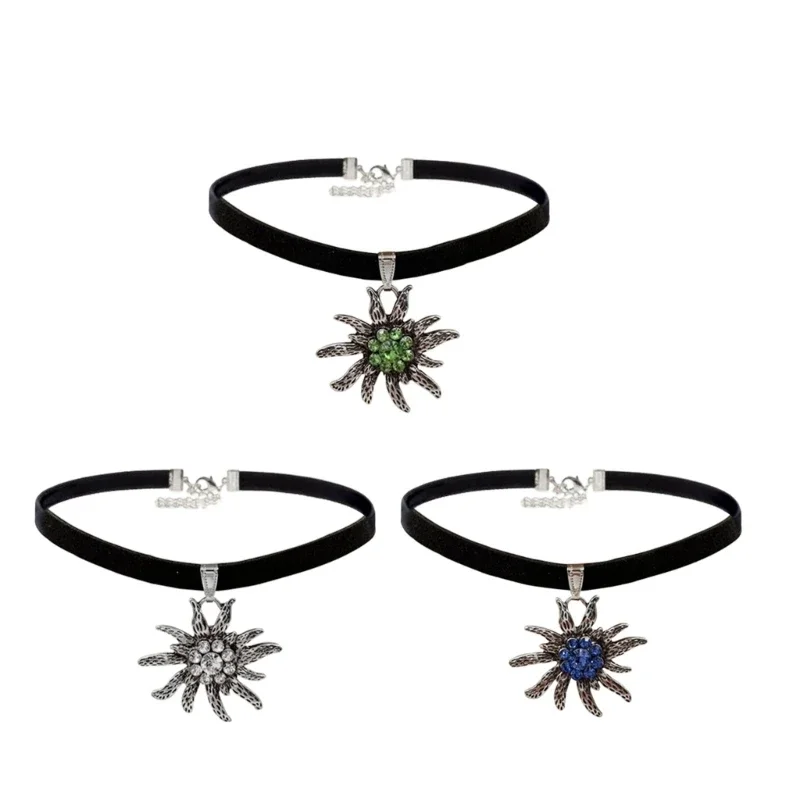 German Edelweiss Pendant Necklace for Wome Velvets Choker Necklaces Oktoberfest Charm Statement Neck Chain Jewelry Gift