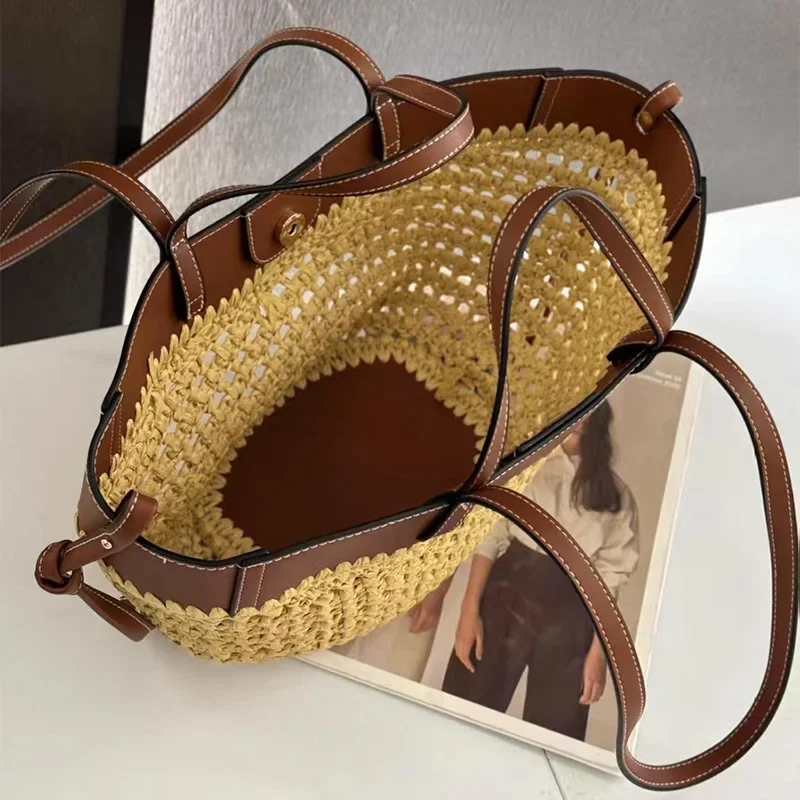 Luxury Raffia Straw Tote Bag,French Style Beach Travel Women Bucket Shoulder Bag,Leather Splicing Woven Large Capacity Handbag image 5