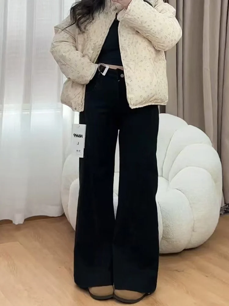 حجم كبير عالية الخصر متوهج الجينز المرأة الخريف الشتاء Fce اصطف فضفاض مستقيم الساق السراويل مريحة لينة سراويل جينز