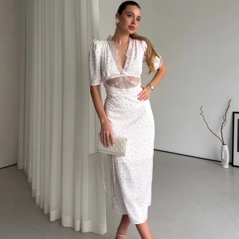 

Tuularose White Lace Maxi Dress Elegant Puff Sleeve High Waist V Neck Summer Dress Luxurious Chic Women's Party Evening Dresses