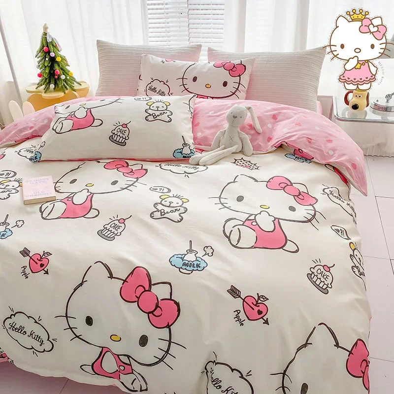 Sanrio Hello Kitty Bedding Set ChildrenPrincess Style Anime Figure Room Decoration Four Piece Set All Cotton Girl Christmas Gift