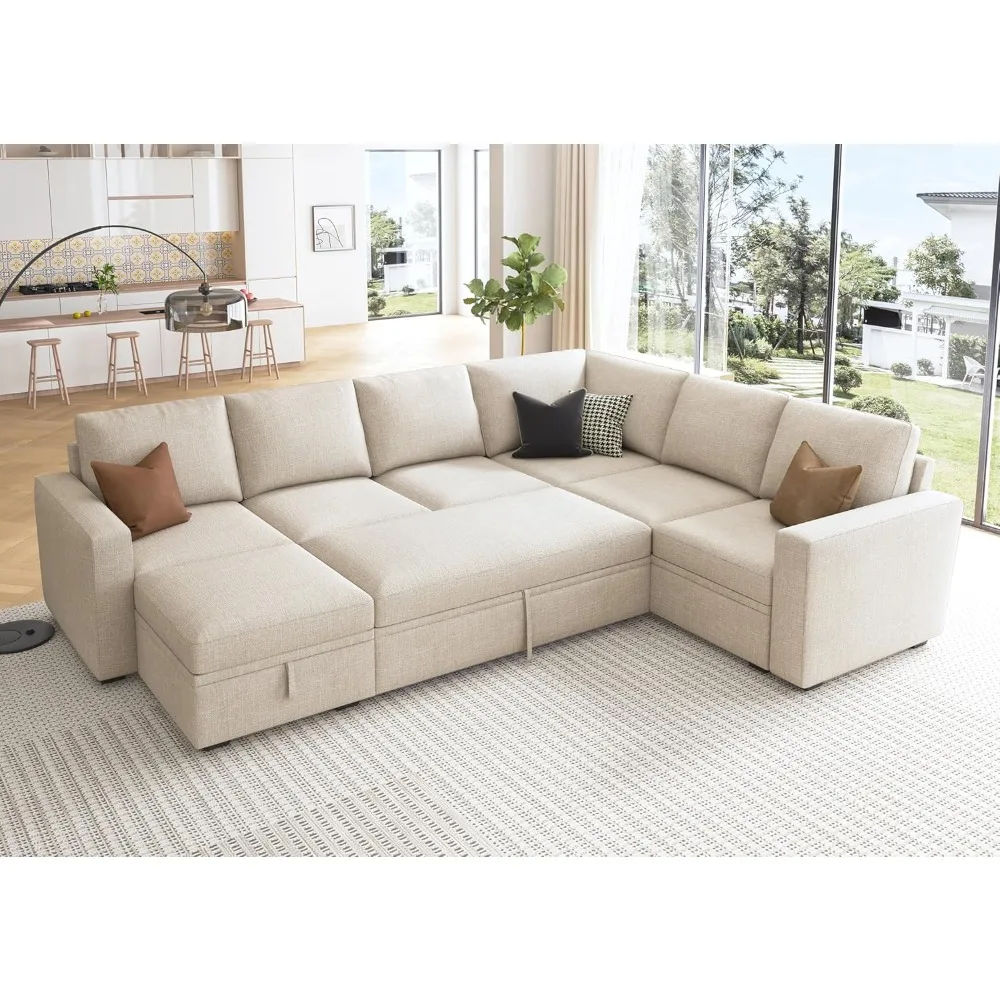 

Modular Sectional Sleeper Sofa with Pull Out Bed, U Shaped Sectional Couch with Storage Ottoman Convertible 7-Seater Sofa, Beige