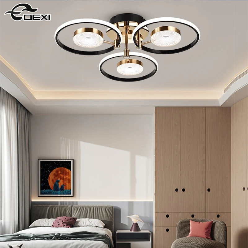 Nordic Living Room Villa Ceiling Light Dining Hall Bedroom Simple Chandelier Decoration Circular Lampshade LED Tri-Color Light
