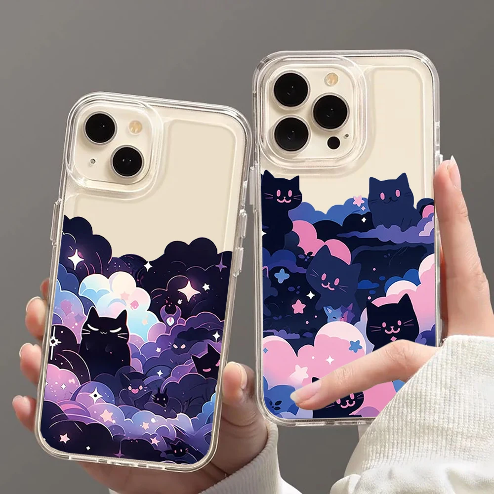 

Funny Starry Sky Black Cat Phone Case For iPhone 16 15 14 13 12 11 Pro Max Mini X XS SE 7 Plus 16E Shockproof Transparent Cover