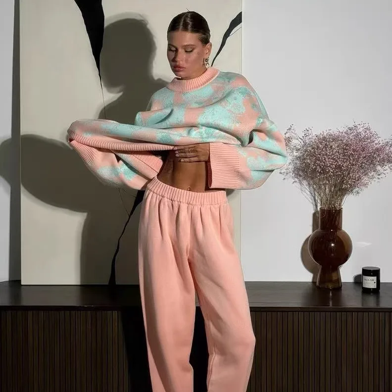 Lässiges Strickpullover- und Hosen-Set, gerades Bein, lange Hose, zweiteiliges Set, rund, Ne Long Sve Overhead Faion Ensemble