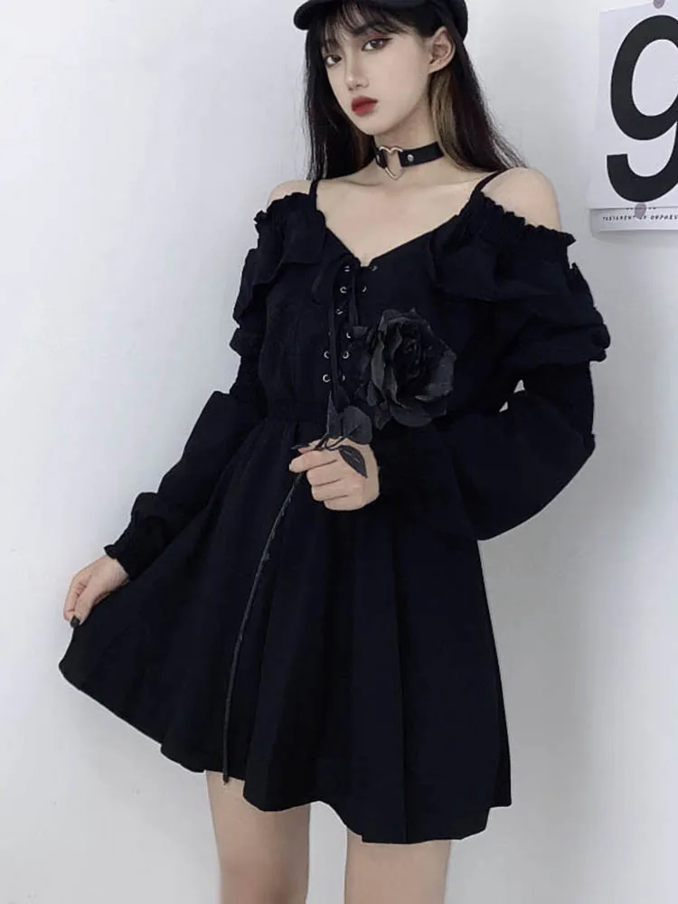 JMPRS Large Size Gothic Women Black Mini Dress Sexy Off Shoulder High Waist Tunic Ladies Party Dress Long Sleeve V Neck Vestidos