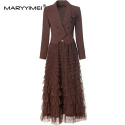 MARYYIMEI Women's Elegant Commuter Suit Notched Long-Sleeved Appliques Tops+Flounced Edge Skirt Autumn and winter 2 piece set